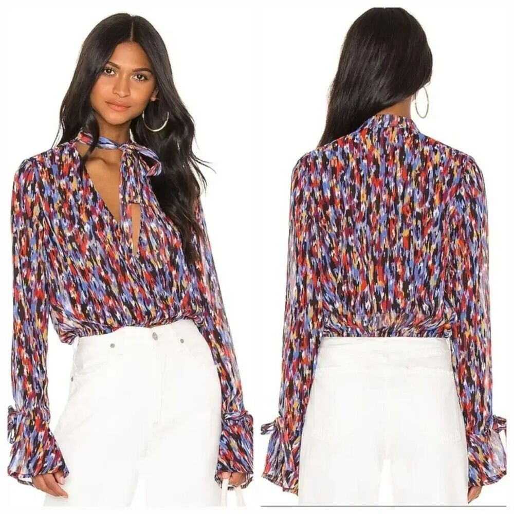 House of Harlow 1960 X REVOLVE Joli Tie Cuff Blouse Blue Multi Size S GUC